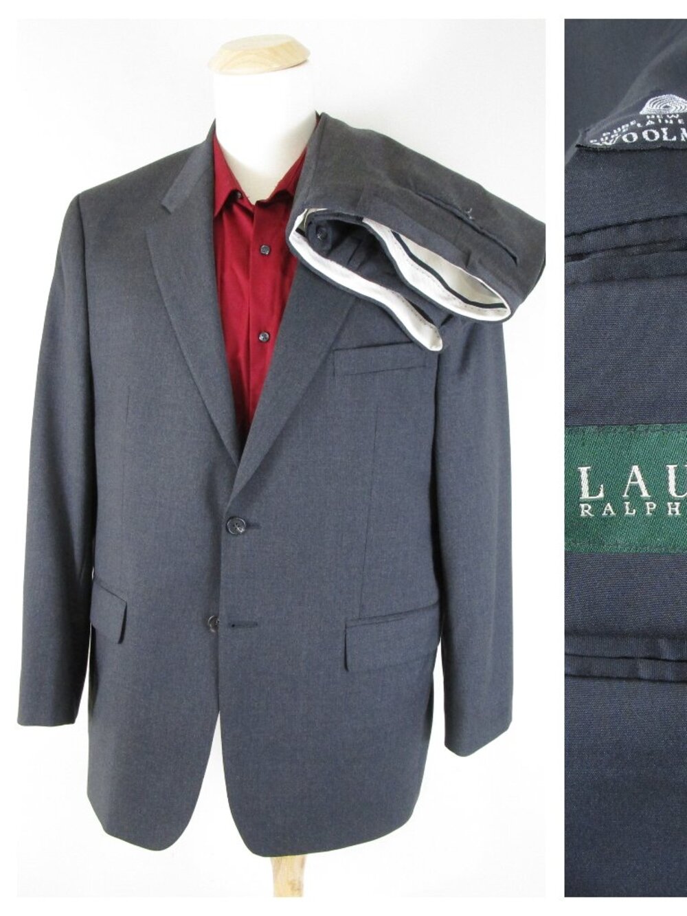 Lauren Ralph Lauren Mens Solid Gray Two Button Wool Suit Size 44R Pants 38 X 30